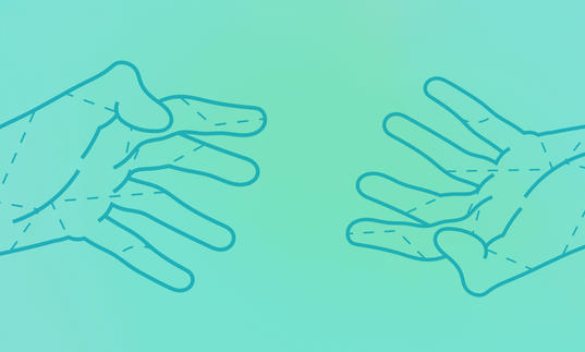 An illustration of two hands reaching for each other outlined in black with a blue background.