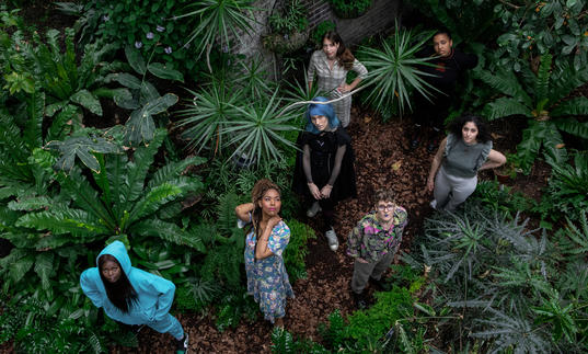 Of Shadow and Light festival image - Guildhall PACE students photographed from above in Barbican Conservatory