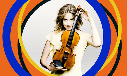 Vilde Frang smiling and holding her violin, with BBC SO branding around the edge of the image