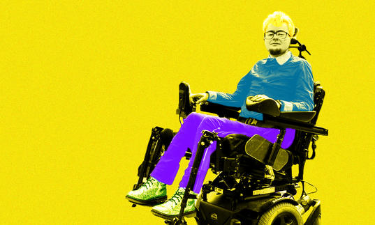 Jamie Hale is shown in a pop art style in their powered wheelchair. The colour of their photograph has been made black and white and then their trousers have been painted purple and their top is blue. The background is yellow and the words CRIPtic span the width of the image in red bold font behind Jamie.