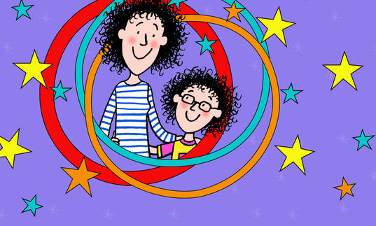 Drawing of Jacqueline Wilson characters on a purple background, circled with stars around them