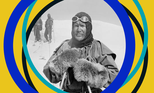 Black and white photo of Captain Scott in the Antarctic