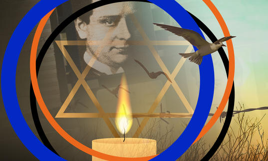 A candle burns in the centre of the image, with the star of David above it. Barbed wire runs across the photo, and a bird flies out of the right hand side of the image. Viktor Ullmann's image is in the background. The image has BBC SO branding around it.