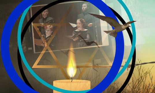 A candle burns in the centre of the image, with the star of David above it. Barbed wire runs across the photo, and a bird flies out of the right hand side of the image. The BBC Singers' image is in the background. The image has BBC SO branding around it.