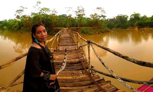Hushuhu, the first woman shaman of the Yawanawá stands on a wooden bridge crossing a river The water is brown and she is holding a large white and black feather.