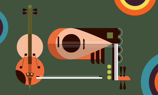 A cello and a theorbo are in the centre of the image, which has a khaki background and fun animated circles coming in off the sides of it 