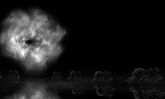 A still from a stop-motion animation by the Quay Brothers. The image is dark, except for a grey puff of smoke on the left hand side of the image
