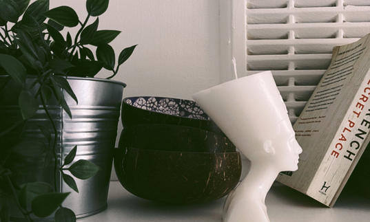 image of a white candle in the shape of egyptian head next to a pot plant