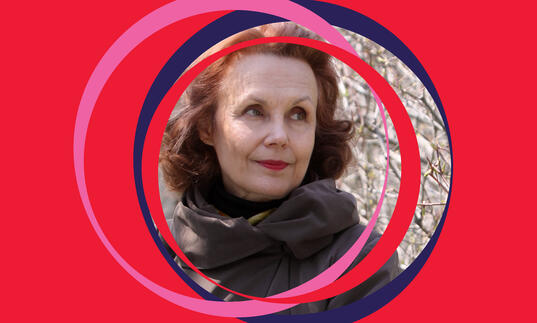 Kaija Saariaho image, centered around pink BBC SO branding