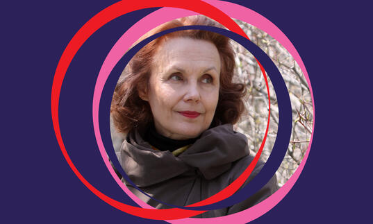 Kaija Saariaho image, centered around purple BBC SO branding