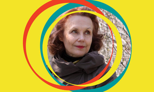 Kaija Saariaho image, centred around BBC SO yellow branding