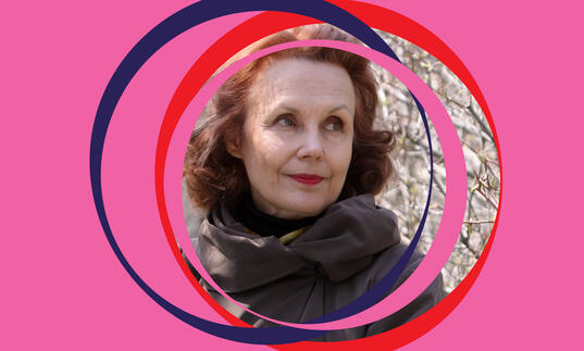 Kaija Saariaho image, centered around pink BBC SO branding