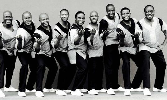 Shot of Ladysmith Black Mambazo in a line posing and smiling