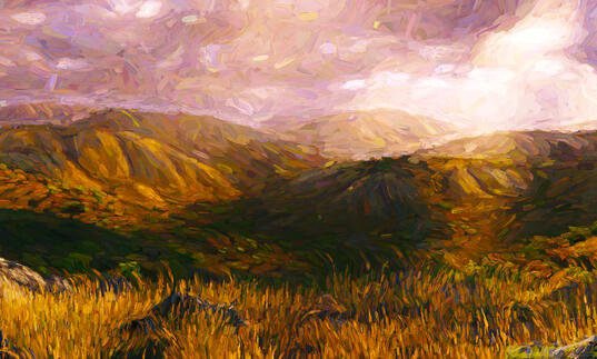 Painting of rolling hills at golden hour
