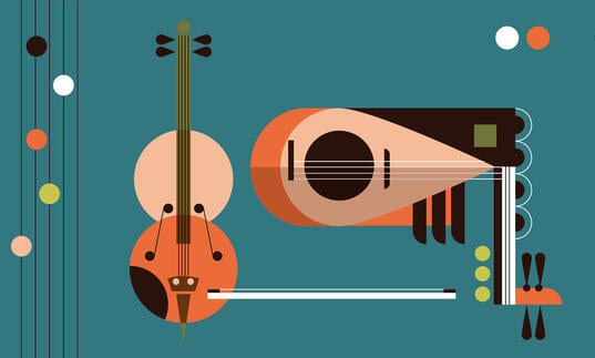 A digital graphic of a cello and a theorbo in the centre of the image, which has a turquoise background and circular shapes around the edges