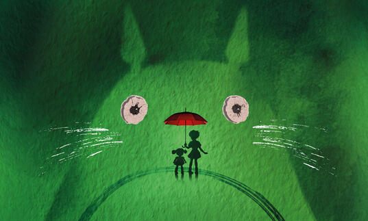An illustration of the Totoro character with green watercolour washes of paint. Inside Totoro's face is the silhouette of two small characters holding a red umbrella.