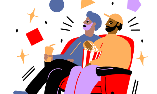 Illustration of seated cinema goers with popcorn