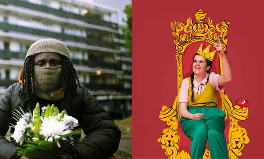 The production images for HighRise's The UK Drill Project and Zoo Co Theatre's Perfect Show For Rachel side-by-side. Left: a person wearing a face covering and holding flowers kneels in front of a block of flats. Right: a person sits on an animated throne wearing an animated crown, smiling and pointing to the air.