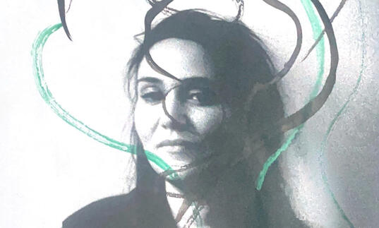 Grainy, greyscale photo of Freya Waley-Cohen overlaid with grey and turquoise paint swirls
