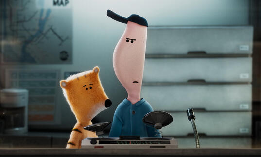 An animations of a man and a tiger looking very seriously at a rail office desk.