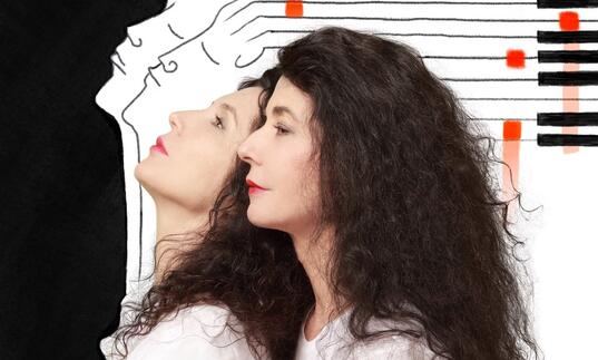 Side profile photo of Katia and Marielle Labèque standing close together. Behind them is an illustration of the side profile of two women, mirroring the position of Katia and Marielle. The hair of the illustrated women flows backwards, turning into the keys of a piano.
