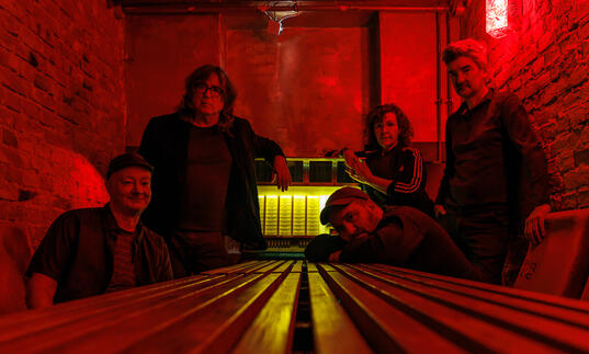 Magnetic Fields sit in a glowing red room 