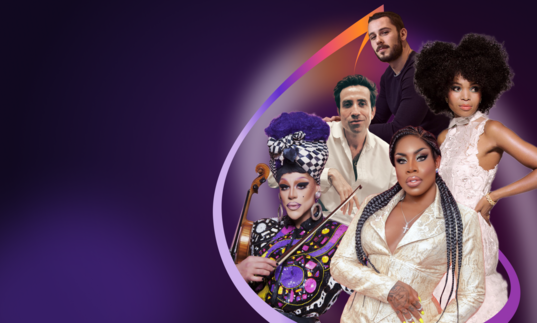 Composite image of Oliver Zeffman, Nick Grimshaw, Pumeza Matshikiza, Thorgy Thor and Vinegar Strokes against a purple background