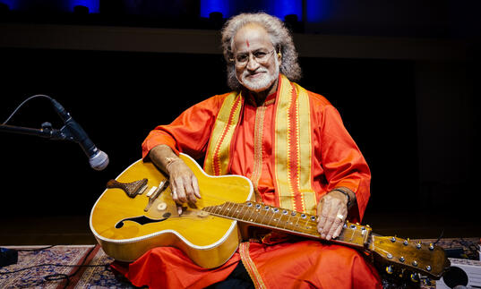 Photo of Vishwa Mohan Bhatt playing the Mohan veena