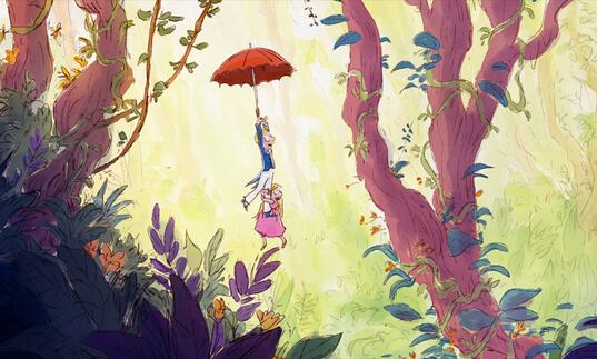 An illustration by Quentin Blake, depicting characters Jack and Nancy floating through a forest scene, using a red umbrella as a parachute.
