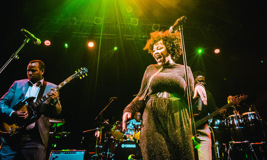 Photograph of Somali funk band Dur Dur Band on stage