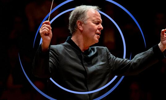 Sakari Oramo conducting, with blue circular swirls framing him