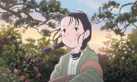 A young girl looks forward in the wind in a forest. 
