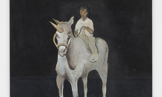 A painting of a man riding a white unicorn. The background is entirely black.