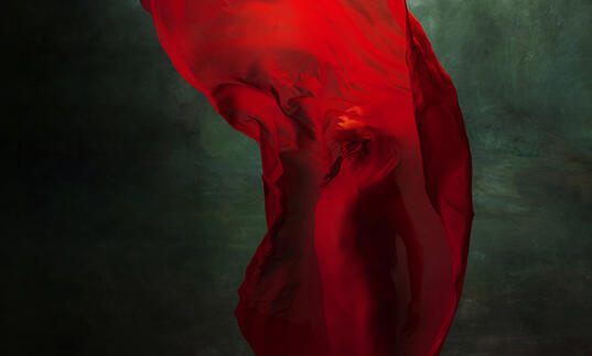Henry VIII artwork - flowing red fabric showing the outline of a woman