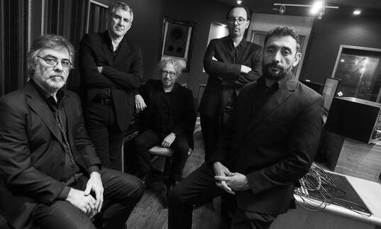 Quinteto Astor Piazzolla, four men in black and white image