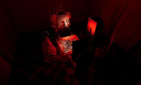 A red room with four tables and a chair. It looks like a seance.