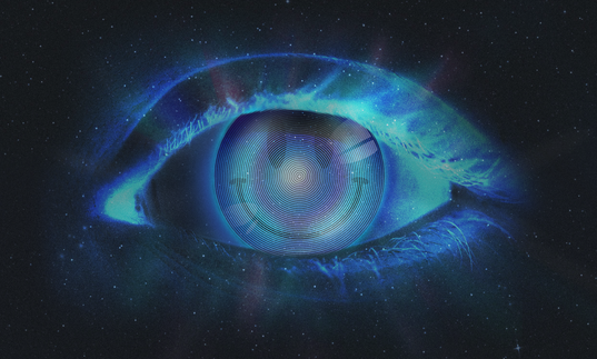 Against a dark, starry background, a giant eye radiates blue light. Inside the iris is a smiley face.