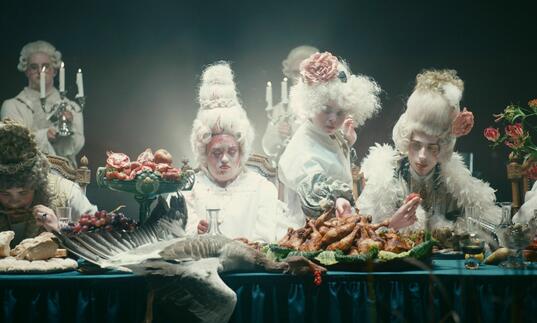 A group of actors in wigs sit at a table covered in food.