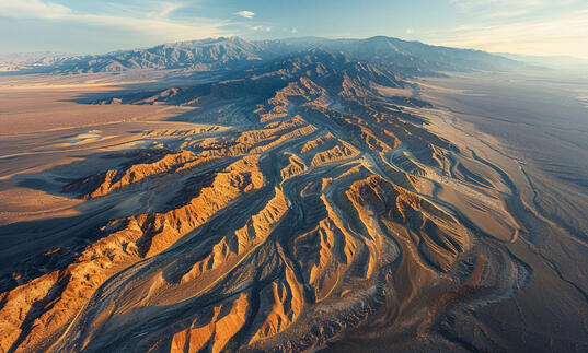 An aerial shot of an arid mountain range