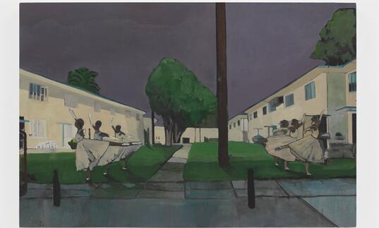 Noah Davis's painting titled Pueblo del Rio: Arabesque, depicting six ballerinas dancing on the lawn outside a housing project.