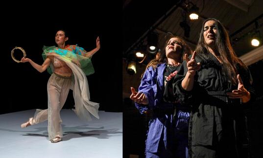 Two images side by side: a dancer performs in siren song and two dancers perform in Random Taranto
