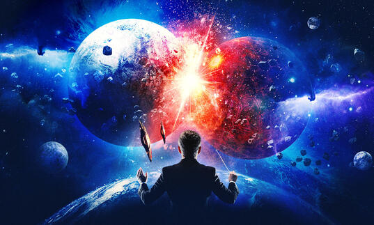 Image of a conductor with their back faced to the camera in the middle of space where two planets are colliding creating a flash of red electricity