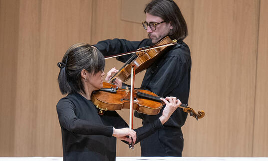 two violinist playing the violin diagonally from each other 