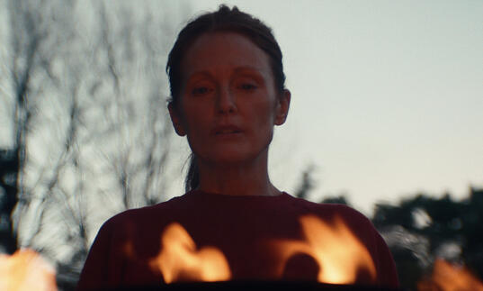 Julianne Moore looks down into fire