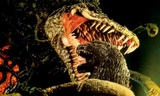 A fight between Godzilla and giant plant monster Biollante