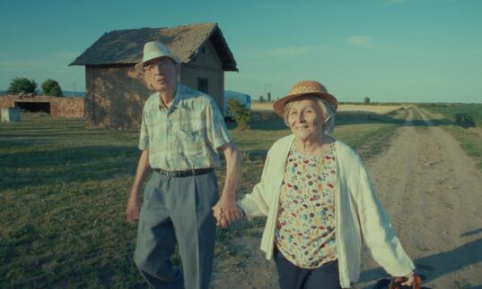 A man and a woman walk down a rural track together, holding hands.