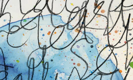 Abstract script over blue ink stained paper