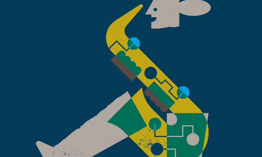 Artwork for Guildhall Jazz Festival 2025 - Abstract illustration of a stylised figure playing a saxophone, composed of geometric shapes in yellow, green, blue, and grey on a dark blue background.