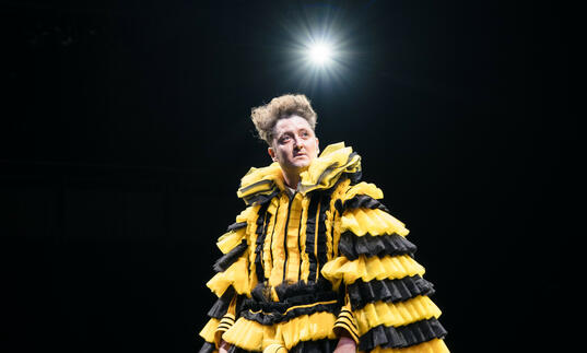 Malvolio stands on stage in a layered black and yellow costume, a light shines behind him.