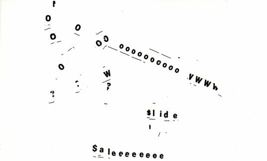 An abstract image of collaged text on a page